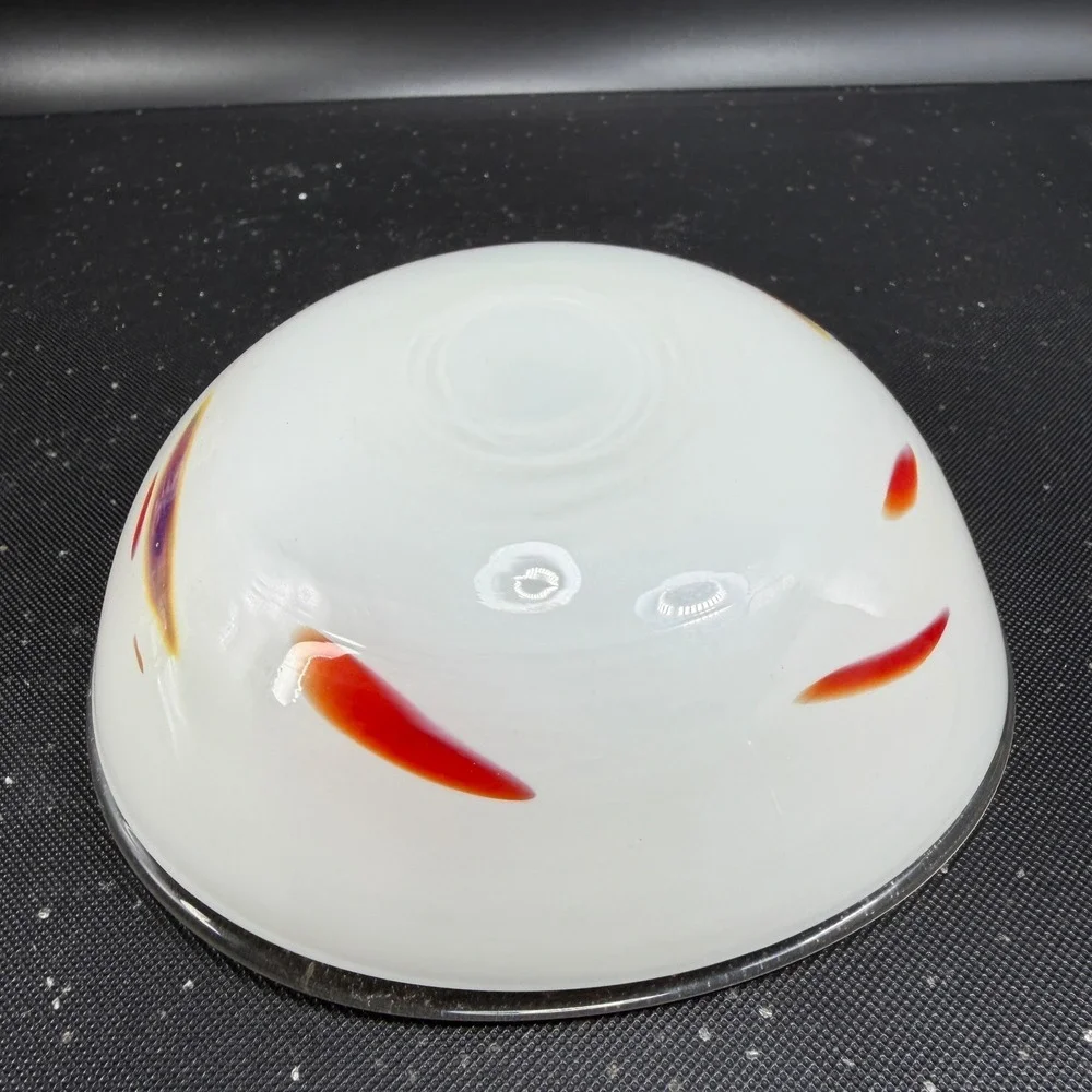 Vintage 1980s Venetian Blown Glass Dish Bowl White with Red Purple Swirls 6 Inch